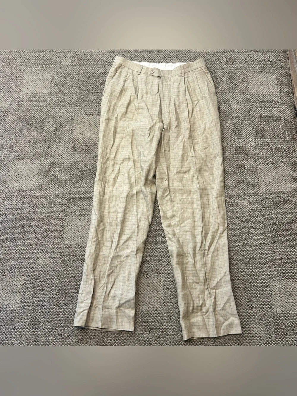 Linea Naturale 34x34 Tan Plaid Windowpane 100% Linen Pleated Pants Made in Italy